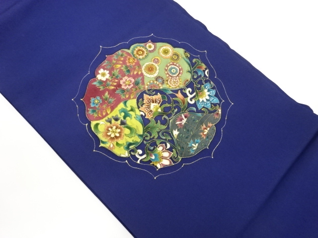 塩瀬金彩手描き抽象に華文・花唐草模様名古屋帯